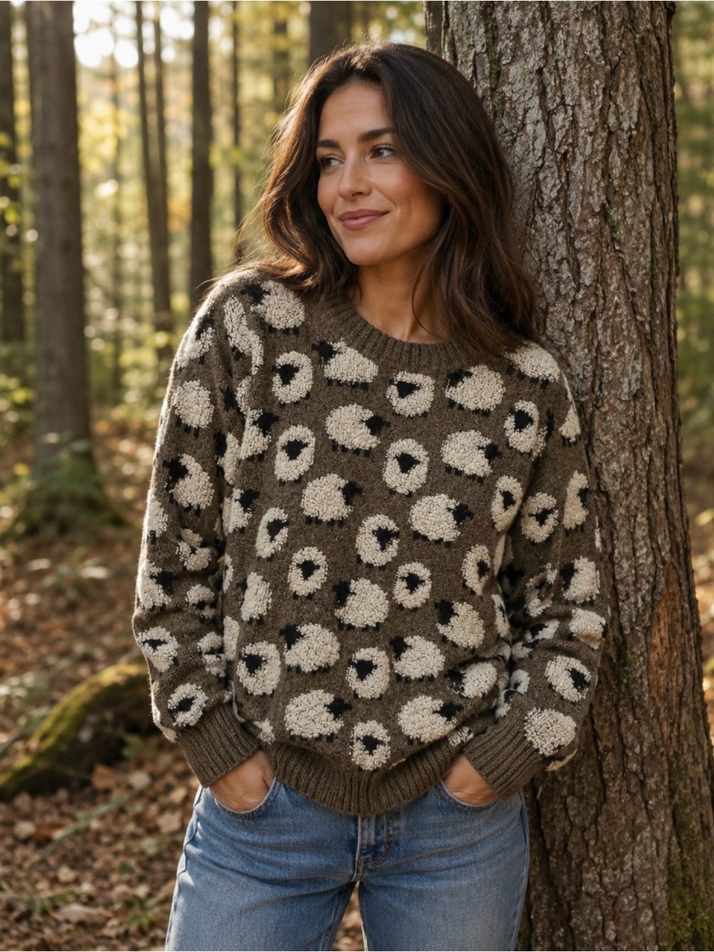 Cozy Olive Green Sheep-Pattern Crewneck Sweater